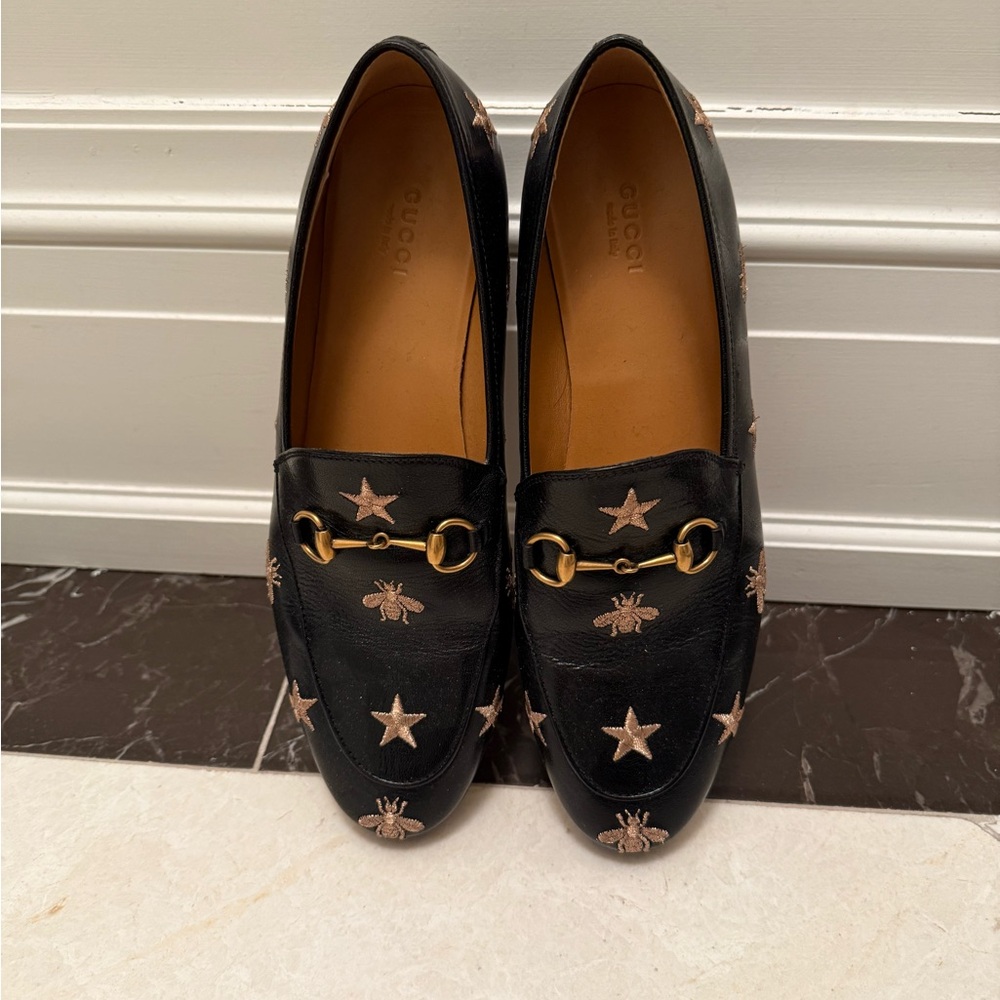 Gucci Black Leather Horsebit Loafers with Gold Embroidered Stars & Bees - Picture 3 of 7